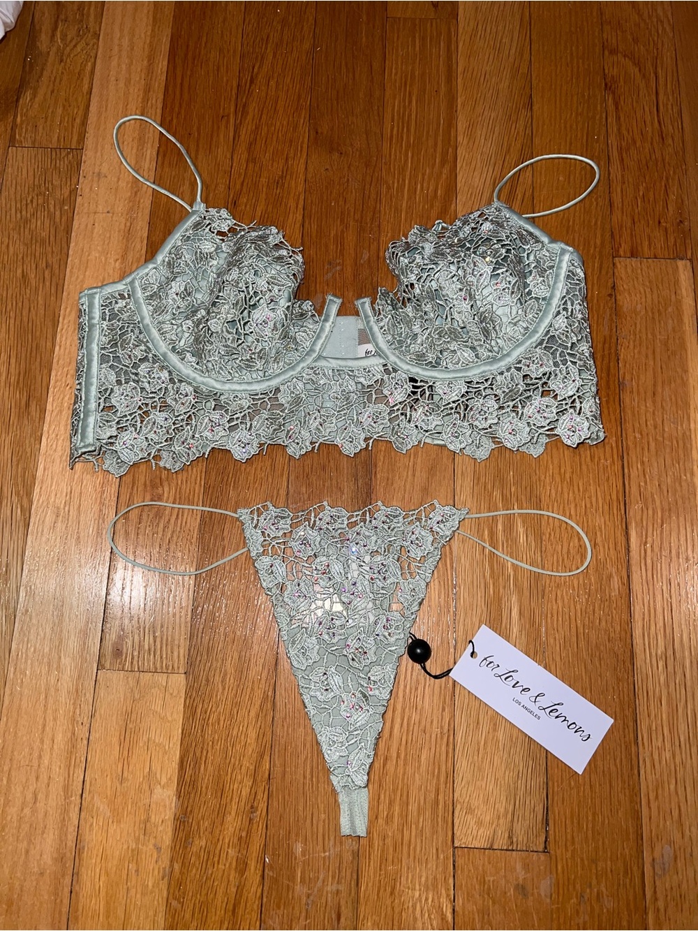 For Love & Lemons Sage Green Lace Underwire Bralette & Thong Set